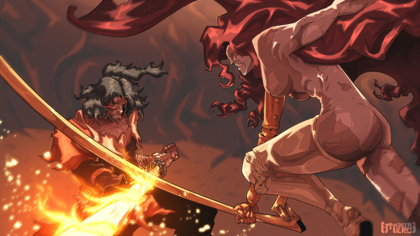 1boy 1girl absurdres amputee artist_name battle black_hair blind breasts brown_kimono closed_mouth coat completely_nude crossover elden_ring facial_hair flaming_eye flaming_sword flaming_weapon golden_sword hakama hakama_pants highres holding holding_sword holding_weapon japanese_clothes katana kimono long_hair malenia_blade_of_miquella malenia_goddess_of_rot mechanical_arms medium_breasts mustakro6 ninja no_eyes nude one-eyed one_eye_covered orange_coat pants ponytail prosthesis prosthetic_arm prosthetic_leg red_eyes red_hair rotting sekiro sekiro:_shadows_die_twice shura_(sekiro) signature single_mechanical_arm sword torn_clothes torn_coat triple_amputee weapon wings