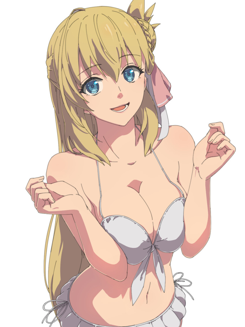 1girl agnes_claudel bikini bikini_skirt blonde_hair blue_eyes bun_with_braided_base chiharu_(9654784) double-parted_bangs eiyuu_densetsu frilled_bikini frills front-tie_bikini_top front-tie_top hair_between_eyes hair_bun highres kuro_no_kiseki kuro_no_kiseki_(series) kuro_no_kiseki_ii long_hair looking_at_viewer midriff navel open_mouth side-tie_bikini_bottom single_side_bun smile solo swimsuit white_bikini
