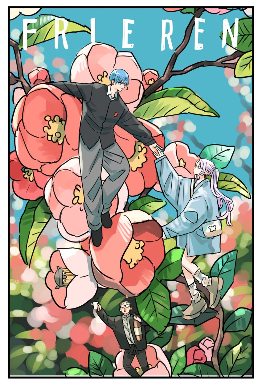 1girl 3boys bag beard blonde_hair blue_hair blue_sky blunt_bangs bottle coat commentary_request eisen_(sousou_no_frieren) facial_hair flower frieren full_body glasses grey_pants heiter helmet highres himmel_(sousou_no_frieren) holding holding_bottle holding_hands multiple_boys pants pink_flower pointy_ears satchel short_hair sidelocks sky smile socks sousou_no_frieren takeuchi_ryousuke twintails white_socks