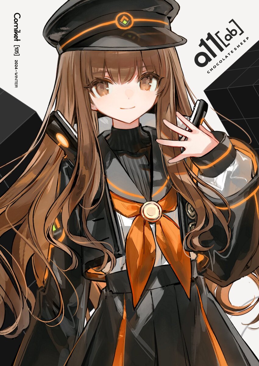 1girl black_hat black_jacket black_sailor_collar black_shirt black_skirt breasts brown_eyes brown_hair chocoan fate/grand_order fate_(series) hat highres jacket kishinami_hakuno_(female) kishinami_hakuno_(female)_(mooncancer) long_hair long_sleeves looking_at_viewer neckerchief orange_neckerchief orange_trim peaked_cap sailor_collar shirt sidelocks skirt small_breasts smile solo white_shirt