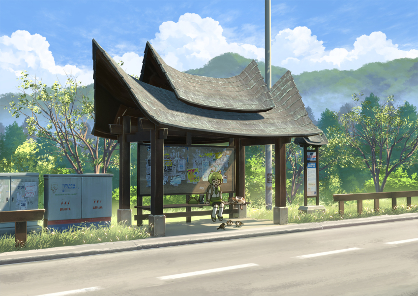 1girl animal animal_ears bench bird black_shorts blue_sky bus_stop cat cat_ears cat_girl cloud collared_shirt day glasses grass green_hair green_necktie green_skirt highres kneehighs mclelun mountain necktie open_mouth original outdoors road rural scenery shirt short_hair shorts shorts_under_skirt sitting skirt sky socks white_shirt