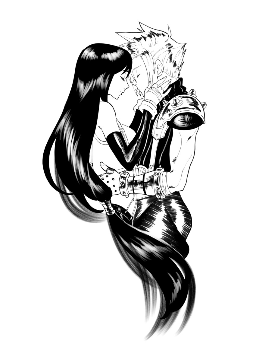 1boy 1girl aarokira closed_eyes cloud_strife cropped_torso detached_sleeves final_fantasy final_fantasy_xiv fingerless_gloves forehead-to-forehead gloves hand_on_another&#039;s_cheek hand_on_another&#039;s_face hand_on_another&#039;s_waist heads_together hetero highres long_hair monochrome spiked_hair tifa_lockhart