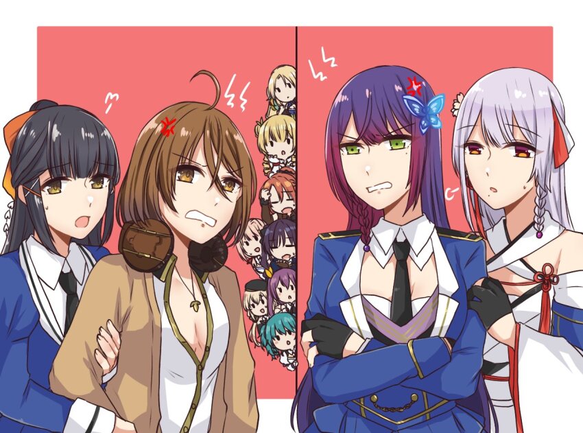 6+girls =_= ahoge annoyed aqua_hair arm_hug arm_up assault_lily bare_shoulders beret black_gloves black_hair black_headwear black_necktie black_ribbon black_scrunchie blonde_hair blue_jacket blunt_bangs border bow braid breasts brown_cardigan brown_eyes brown_hair butterfly_hair_ornament cardigan chibi clenched_teeth closed_eyes closed_mouth collared_shirt commentary confrontation criss-cross_halter crossed_arms crossed_bangs detached_sleeves double_bun drill_hair epaulettes eye_contact flower flower_knot funada_kiito funada_ui gloves green_eyes green_ribbon grey_hair hair_between_eyes hair_bow hair_bun hair_flower hair_ornament hair_ribbon hair_scrunchie half_gloves half_updo halterneck hand_on_another&#039;s_arm hand_on_own_cheek hand_on_own_face hand_on_own_head hand_up hat headphones headphones_around_neck high_ponytail hishida_haru jacket japanese_clothes jewelry kawamura_yuzuriha kawanabe_nazuna kimono large_breasts lightning_bolt_symbol long_bangs long_hair long_sleeves looking_at_another maruyama_amane medium_breasts medium_hair mole mole_under_eye mole_under_mouth multiple_girls necklace necktie nigari_(ngari_0115) no_bra odaiba_girls_high_school_uniform open_cardigan open_clothes open_mouth orange_bow orange_hair otake_sunao outside_border parted_bangs parted_lips partially_fingerless_gloves partially_unbuttoned peeking_out pendant pink_flower pink_hair ponytail puff_of_air purple_eyes purple_hair red_background red_ribbon ribbon saigou_kurena school_uniform scrunchie shirt short_hair siblings side_braid simple_background single_braid sisters solid_oval_eyes suzuki_chinami sweatdrop takehisa_nakaba tassel teeth triangle_mouth tsukioka_momiji twin_drills twintails upper_body v-shaped_eyebrows very_long_hair white_border white_gloves white_kimono white_ribbon white_shirt wide_sleeves x_hair_ornament yellow_ribbon yokoyama_azusa