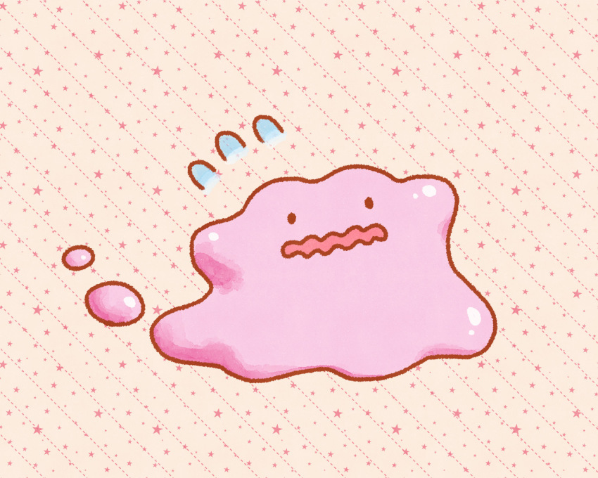 black_eyes blob creature ditto gen_1_pokemon highres nervous nintendo no_humans open_mouth pokemon pokemon_(creature) siho1209 solid_circle_eyes solo star_(symbol) striped_background tan_background wavy_mouth