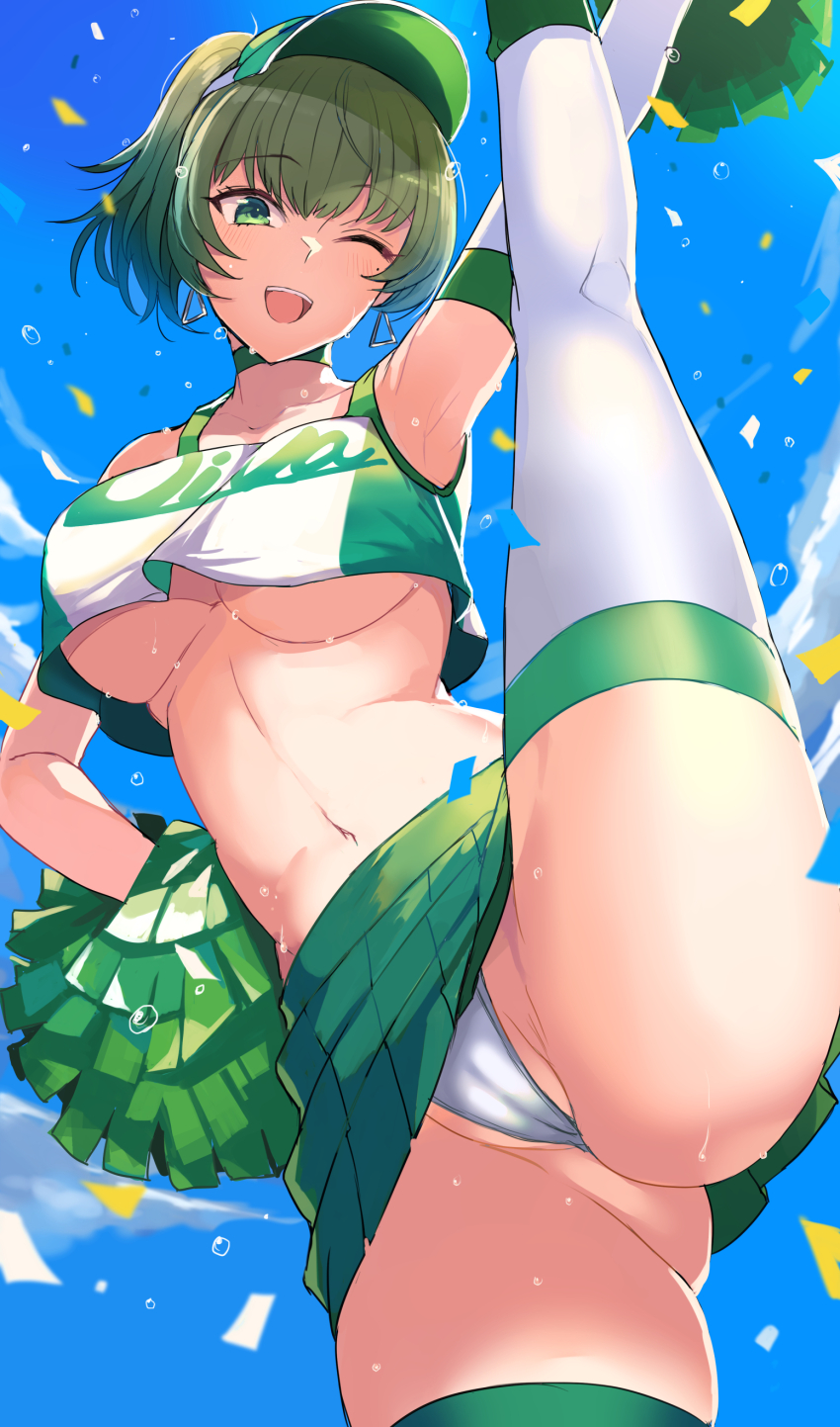 1girl ;d absurdres alternate_hairstyle armpits ashita_(2010) ass blue_sky blush breasts cheerleader choker cleft_of_venus cloud collarbone commentary_request day green_choker green_eyes green_hair hand_on_own_hip highres idolmaster idolmaster_cinderella_girls large_breasts looking_at_viewer midriff mole mole_under_eye navel one_eye_closed open_mouth panties pom_pom_(cheerleading) ponytail short_hair sky smile solo split standing standing_on_one_leg standing_split sweat takagaki_kaede teeth thighhighs thighs underboob underwear upper_teeth_only visor_cap white_panties white_thighhighs