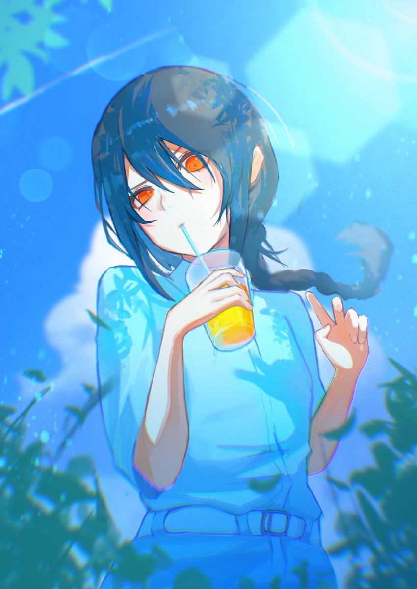 1girl absurdres black_hair blue_shirt blue_sky braid braided_ponytail chainsaw_man cup day drinking drinking_glass drinking_straw highres holding holding_cup long_hair looking_at_viewer nayuta_(chainsaw_man) orange_eyes outdoors ringed_eyes sakuranuts00 shirt sky solo