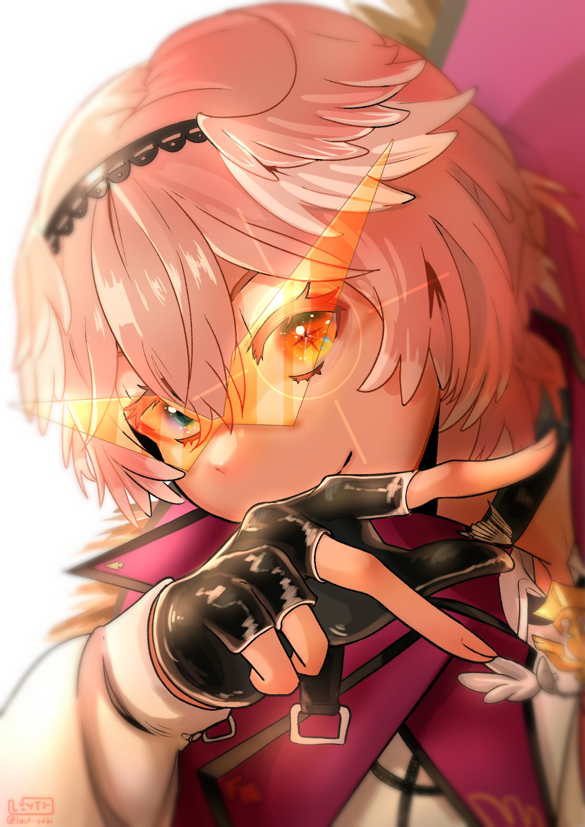 1girl absurdres artist_name bird_girl black_gloves blue_eyes choker clip_studio_paint_(medium) commentary english_commentary fingerless_gloves glasses gloves hairband head_wings headband heterochromia highres hololive l_yth long_sleeves looking_at_viewer pink_hair shirt simple_background smile solo takane_lui twitter_username virtual_youtuber white_background wings yellow_eyes