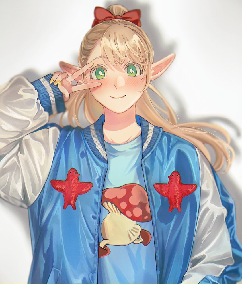 1girl alt_text alternate_costume blonde_hair blue_jacket blue_shirt blurry blush bow closed_mouth colored_eyelashes contemporary depth_of_field dungeon_meshi elf green_eyes grey_background hair_bow hand_up high_ponytail highres jacket long_hair long_sleeves looking_at_viewer marcille_donato multicolored_jacket nail_polish open_clothes open_jacket parted_bangs pointy_ears ponytail red_bow sasakura34 shadow shirt sleeves_past_wrists smile solo straight-on sukajan two-tone_jacket upper_body v v_over_eye white_jacket yellow_nails