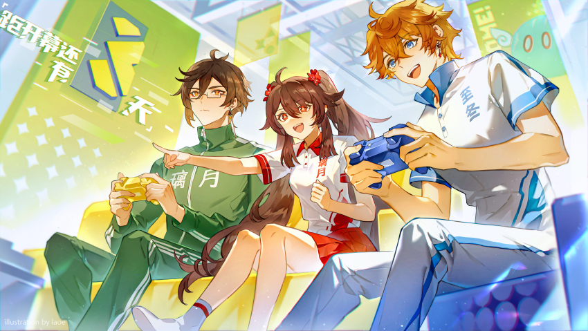 1girl absurdres alternate_costume black_hair blue_eyes breasts brown_hair cheering china_tracksuit chinese_commentary chinese_text colored_tips controller couch darkcatowo diamond-shaped_pupils diamond_(shape) earrings eyeliner eyeshadow feet_out_of_frame flower-shaped_pupils game_controller genshin_impact glasses gradient_hair hair_between_eyes hair_ornament hand_up highres hu_tao_(2nd_anniversary)_(genshin_impact) hu_tao_(genshin_impact) jewelry light long_hair long_sleeves makeup medium_breasts meme_attire multicolored_hair multiple_boys open_mouth orange_hair outstretched_arm pants pointing ponytail red_eyes red_eyeshadow red_skirt shirt short_hair shorts sidelocks single_earring sitting skirt slime_(creature) smile socks star-shaped_pupils star_(symbol) symbol-shaped_pupils tartaglia_(2nd_anniversary)_(genshin_impact) tartaglia_(genshin_impact) tassel tassel_earrings teeth track_suit twintails upper_teeth_only very_long_hair yellow_eyes zhongli_(genshin_impact)