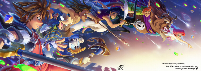 1girl 6+boys absurdres aladdin_(disney) aladdin_(movie) beast_(disney) beauty_and_the_beast disney donald_duck fangs fingerless_gloves giacomobonus gloves goofy highres holding holding_shield holding_sword holding_weapon hood hoodie horns jack_skellington keyblade kingdom_hearts kingdom_hearts_i kingdom_key mage_staff monster_boy multiple_boys peter_pan_(character) polearm red_hair shield smile sora_(kingdom_hearts) spear spiked_hair sword tarzan tarzan_(disney) the_nightmare_before_christmas walt_disney&#039;s_peter_pan weapon
