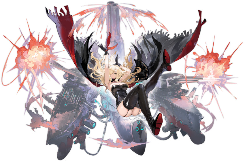 1girl armpits arms_up artist_request ass azur_lane bare_shoulders black_cape black_dress black_garter_straps black_gloves blonde_hair boots breasts cannon cape cleavage detached_collar dress explosion firing floating_hair garter_straps gloves hair_over_one_eye highres large_breasts leather_dress leg_up long_hair looking_at_viewer machinery nevada_(azur_lane) nevada_(meta)_(azur_lane) non-web_source official_art red_cape red_scarf rigging scarf shoe_soles short_dress skindentation smile solo thigh_boots thighs transparent_background tube two-sided_cape two-sided_fabric wrist_scarf