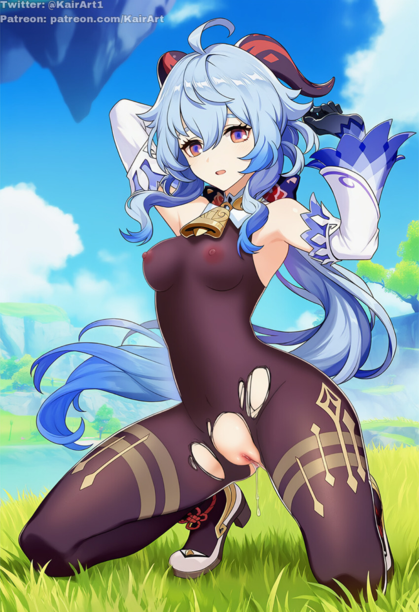 1girl artist_name bad_source bodysuit functionally_nude ganyu_(genshin_impact) genshin_impact highres kairart leggings legs nude_filter official_art on_bed outdoors pants patreon patreon_username pussy pussy_juice see-through_clothes solo spread_legs third-party_edit torn_bodysuit torn_clothes torn_leggings torn_pants twitter_username