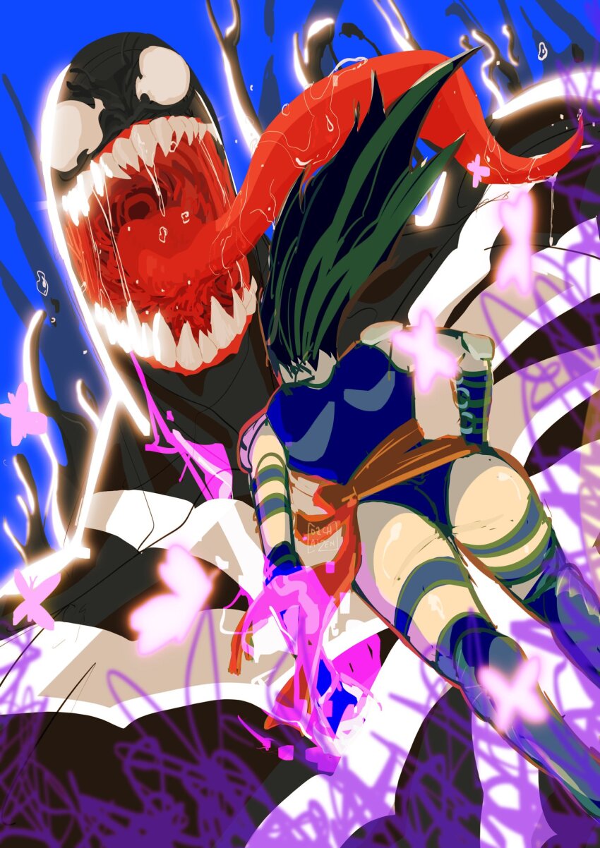 1girl ass bare_shoulders breasts coach_aizen elbow_gloves gloves highleg highleg_leotard highres leotard long_hair long_tongue marvel marvel_rivals monster_boy psylocke psylocke_(vengeance) sash slime_boy spider-man_(series) superhero_costume symbiote thighhighs tongue venom_(marvel) very_long_tongue weapon x-men