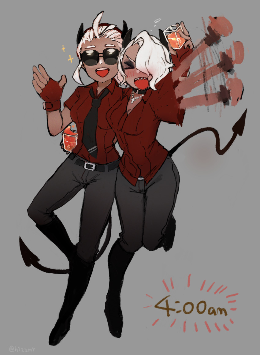 2girls belt blush closed_eyes collared_shirt demon_tail drunk fingerless_gloves gloves grey_background grey_pants hair_over_one_eye helltaker highres hizume_(hizumium) horns jewelry justice_(helltaker) leg_up motion_blur multiple_girls necklace necktie open_mouth pants red_shirt shirt shirt_tucked_in short_sleeves simple_background smile sparkle squeans sunglasses tail time tinted_eyewear white_hair zdrada_(helltaker)