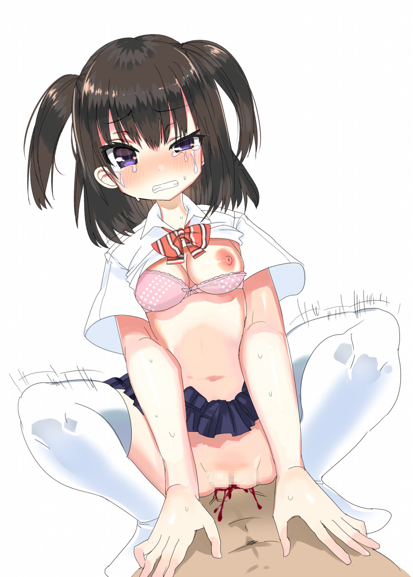 1boy 1girl absurdres arm_support bad_id bad_pixiv_id blood blue_skirt blush blush_stickers bottomless bra bra_pull breasts censored clenched_teeth clothes_lift clothes_pull crying crying_with_eyes_open dark-skinned_male dark_skin defloration dutch_angle full-face_blush hair_between_eyes hand_on_another&#039;s_chest hetero highres looking_at_viewer medium_breasts medium_hair mosaic_censoring motion_blur motion_lines neckerchief nipples no_shoes one_breast_out pink_bra pleated_skirt polka_dot polka_dot_bra pov pov_crotch purple_eyes pussy red_neckerchief school_uniform sex shirt shirt_lift simple_background skirt skirt_lift squatting_cowgirl_position striped_neckwear tears teeth thighhighs two_side_up underwear white_background white_shirt white_thighhighs wince