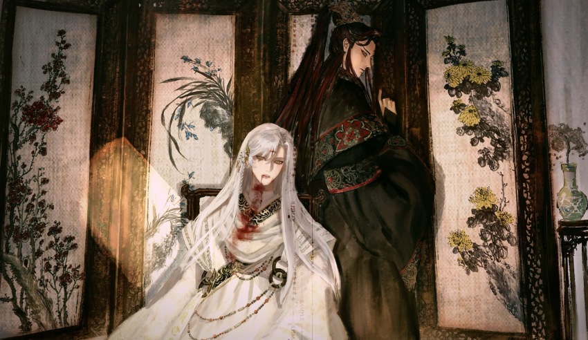 2boys asymmetrical_bangs black_bridal_gauntlets black_hair black_sleeves blood blood_from_mouth blood_on_clothes blood_on_face braid bridal_gauntlets chair closed_mouth cowboy_shot facial_mark floral_print flower from_side hair_ornament hair_pulled_back high_ponytail highres huadian indoors jinguang_budaixi long_hair long_sidelocks long_sleeves looking_at_viewer male_focus mandarin_collar moranhuishouquandoushigou multicolored_hair multiple_boys parted_bangs parted_hair parted_lips plant ponytail qiao_rulai red_hair sample_watermark shangguan_hongxin side_braid sidelocks sideways_glance sitting sunlight teeth upper_body vase watermark white_sleeves wide_sleeves xiao_guan_(headdress) yellow_eyes yellow_flower