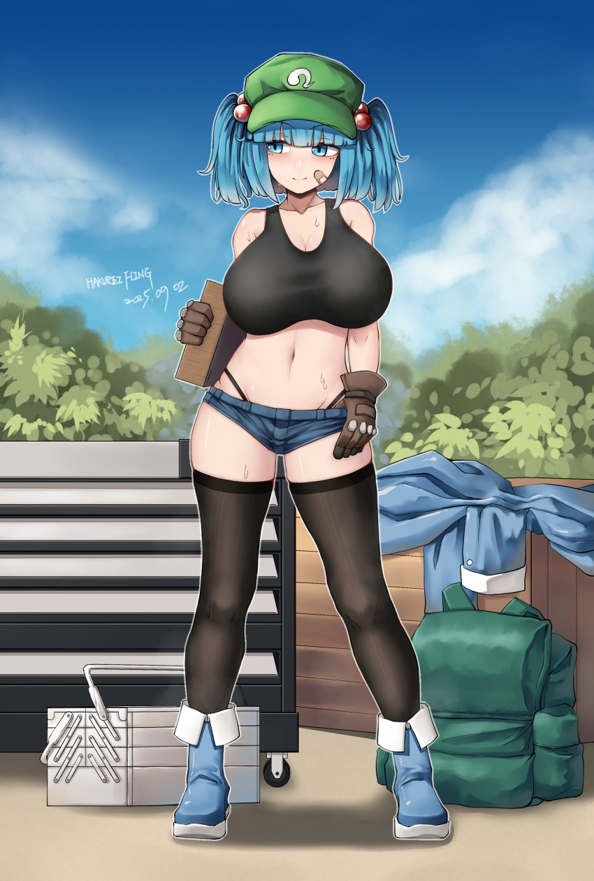 1girl absurdres backpack bag bandage_on_face bandages blue_boots blue_eyes blue_hair blunt_bangs boots breasts crop_top denim denim_shorts dress flat_cap gloves green_hat hair_bobbles hair_ornament hakurei_fling hat highres kawashiro_nitori large_breasts midriff navel rubber_boots shorts skindentation smile solo thighhighs thighs touhou two_side_up unworn_backpack unworn_bag unworn_dress