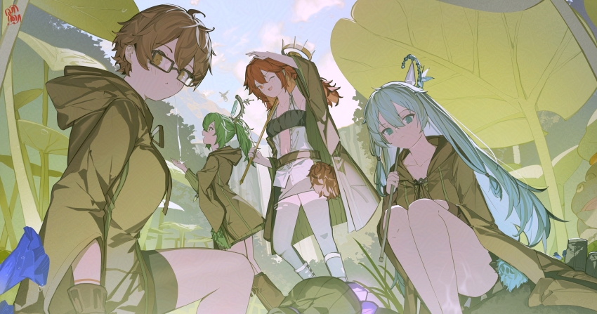 4girls absurdres aussa_(yu-gi-oh!) aussa_the_earth_charmer blue_eyes blue_hair breasts brown_hair collarbone duel_monster eria_(yu-gi-oh!) eria_the_water_charmer glasses green_eyes green_hair highres hiita hiita_(yu-gi-oh!) hiita_the_fire_charmer long_hair medium_breasts multiple_girls open_clothes open_shirt ponytail red_eyes red_hair robe sen-jou short_hair skirt smile squatting staff thighhighs wynn_(yu-gi-oh!) wynn_the_wind_charmer yu-gi-oh!
