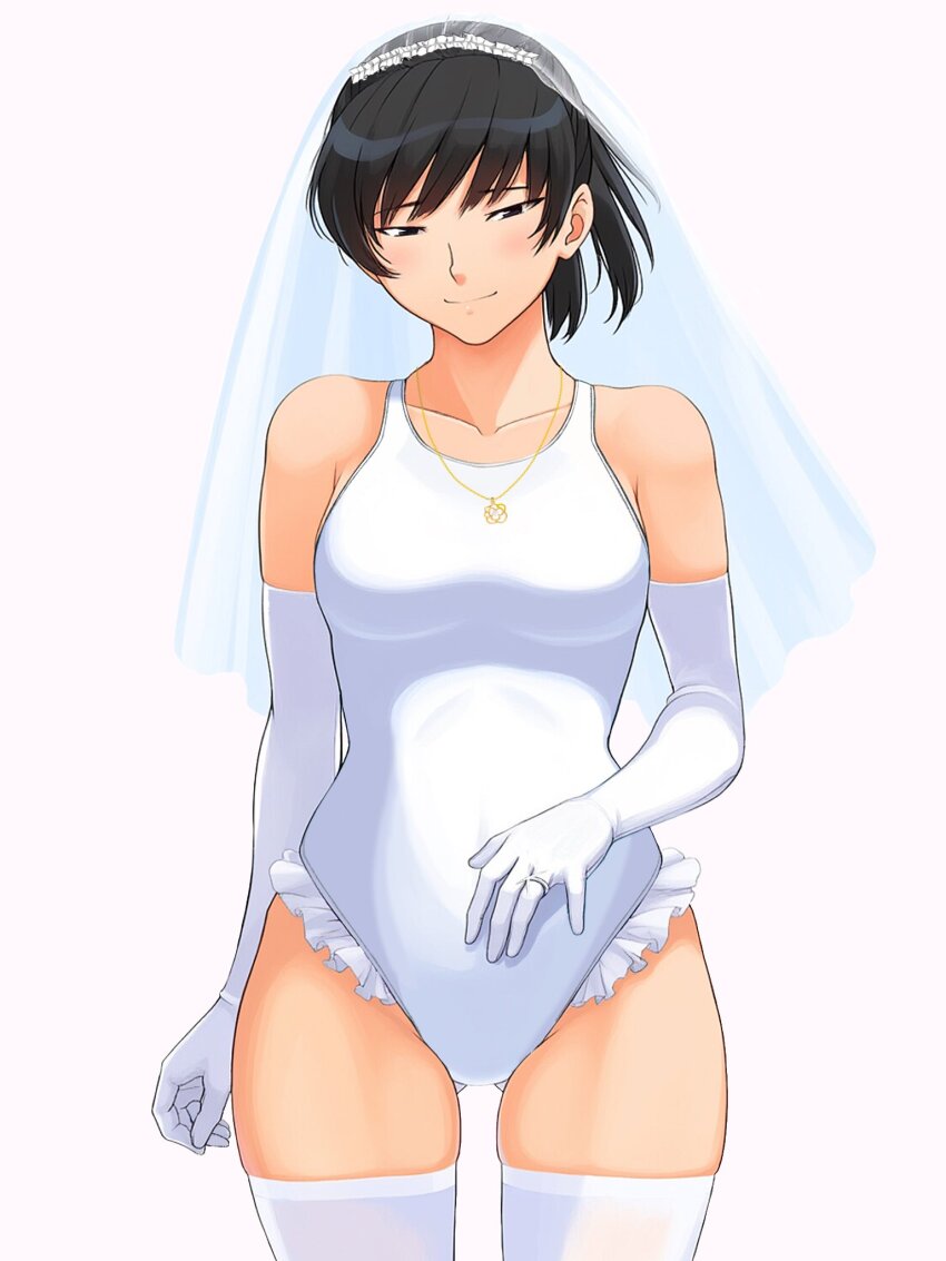 1girl amagami bare_shoulders black_eyes black_hair breasts bridal_veil bride closed_mouth collarbone commentary competition_swimsuit cowboy_shot elbow_gloves frilled_one-piece_swimsuit frills gloves gluteal_fold hanaguma highres jewelry light_blush looking_at_viewer medium_breasts necklace one-piece_swimsuit ponytail ring short_hair simple_background solo swimsuit thighhighs tsukahara_hibiki veil wedding_ring white_background white_gloves white_one-piece_swimsuit white_thighhighs