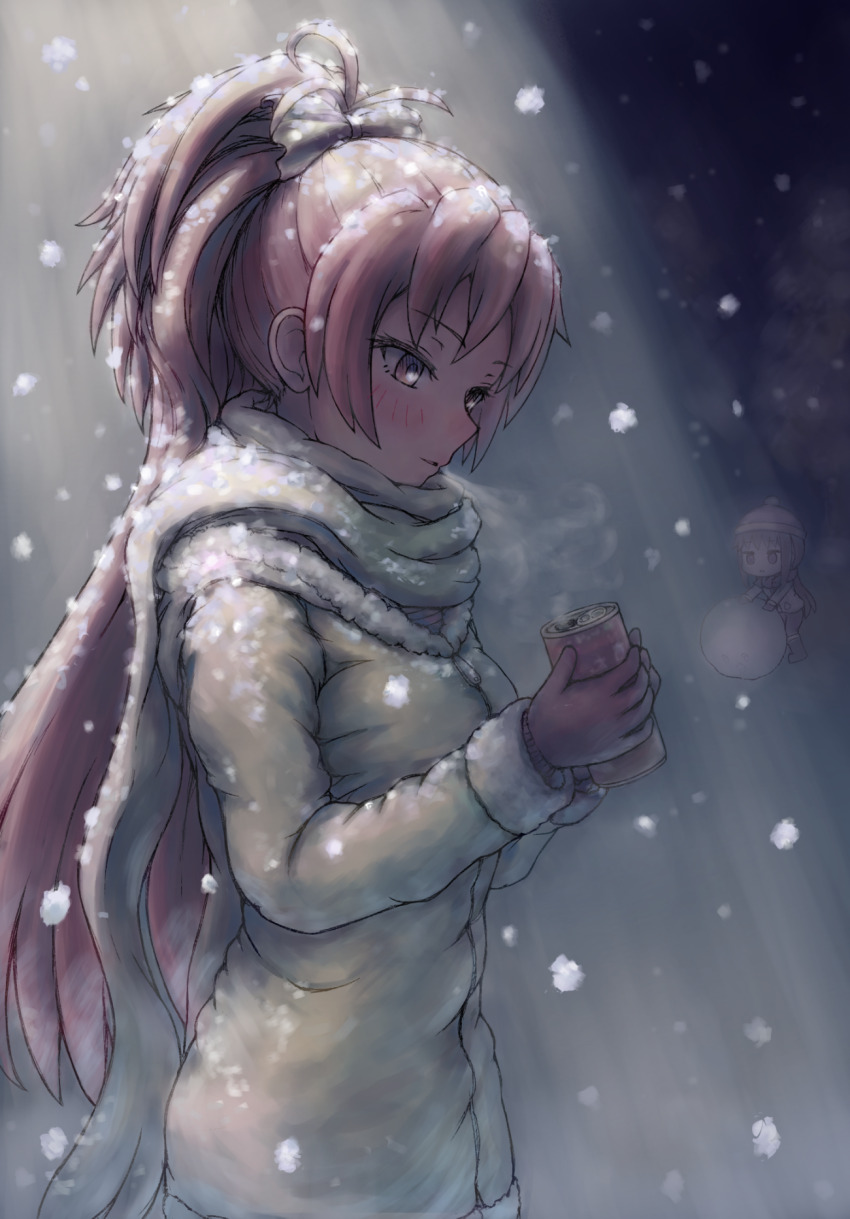 1girl can commentary_request drink_can grey_hoodie hand_on_own_head highres holding holding_can hood hood_down hoodie light_smile long_sleeves looking_at_object mahou_shoujo_madoka_magica night night_sky ponytail red_eyes red_hair sakura_kyoko_(winter_costume) sky snowing yakatsu
