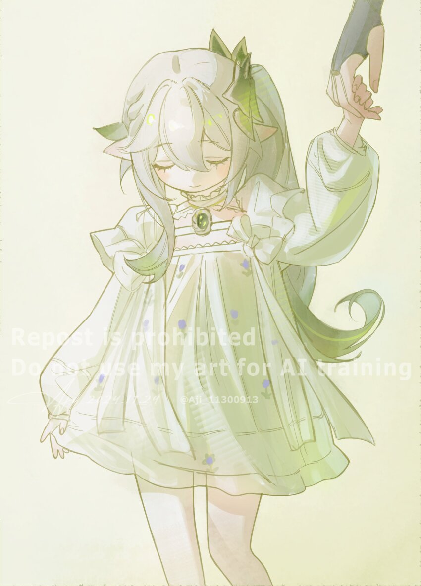 1girl absurdres aji_11300913 alternate_costume arm_at_side arm_up black_bridal_gauntlets bow bridal_gauntlets closed_eyes collar dress eyelashes fingernails frilled_collar frilled_sleeves frills genshin_impact gold_ring gradient_hair green_background green_brooch green_hair hair_ornament half_crown_braid hand_size_difference head_down highres holding_hands leaf leaf_hair_ornament long_hair long_sleeves middle_ring multicolored_hair nahida_(genshin_impact) open_hand pointy_ears scaramouche_(genshin_impact) side_ponytail sidelocks wanderer_(genshin_impact) watermark white_bow white_collar white_dress white_hair white_sleeves