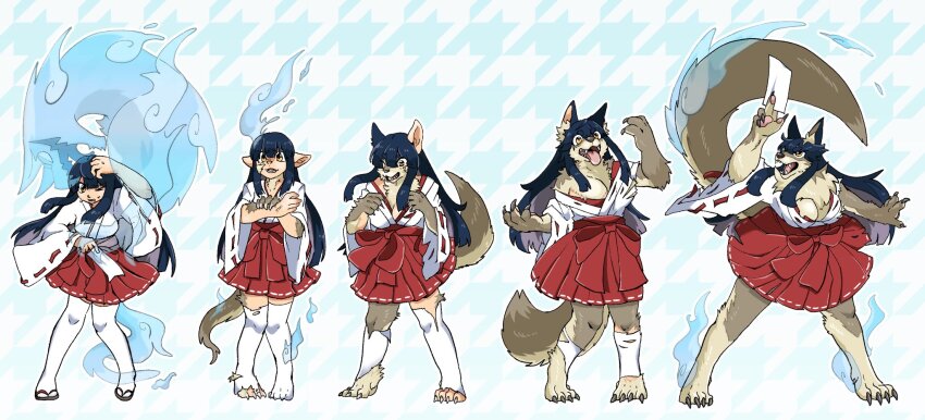 1girl animal_ears ascot black_hair bow breasts brown_fur closed_mouth commentary_request fox_ears fox_tail full_body furrification furry furry_female hair_bow hakama hakama_skirt highres japanese_clothes kimono medium_breasts medium_hair miko multiple_views navel open_mouth original pointy_ears possessed red_hakama red_ribbon red_skirt ribbon ribbon-trimmed_sleeves ribbon_trim sharp_teeth shirt skirt sleeveless sleeveless_shirt socks standing syouyou3 tail tearing_clothes teeth thick_thighs thighs tongue tongue_out torn_clothes transformation white_fur white_kimono white_socks wide_sleeves yellow_ascot