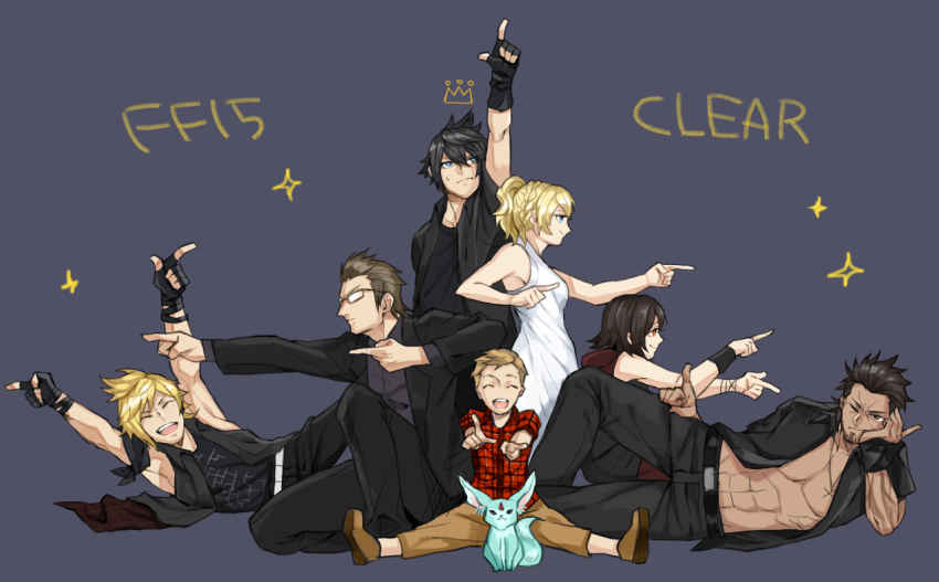 2girls 5boys beard black_hair blonde_hair blue_background carbuncle_(final_fantasy) death_parade dress facial_hair final_fantasy final_fantasy_xv flyers_(death_parade) gladiolus_amicitia glasses harusatonougyou ignis_scientia iris_amicitia jacket lunafreya_nox_fleuret lying multiple_boys multiple_girls noctis_lucis_caelum on_side one_eye_closed parody pointing pointing_at_viewer pointing_up pout prompto_argentum simple_background sitting smile sparkle talcott_hester tank_top