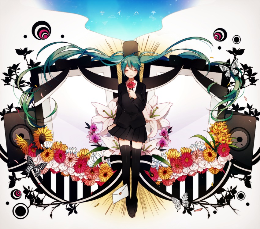 1girl bug butterfly closed_eyes envelope female_focus floating_hair flower green_hair hatsune_miku hatsune_miku_(saihate) insect long_hair saihate_(vocaloid) skirt solo speaker thighhighs twintails very_long_hair vocaloid yori_(y_rsy)