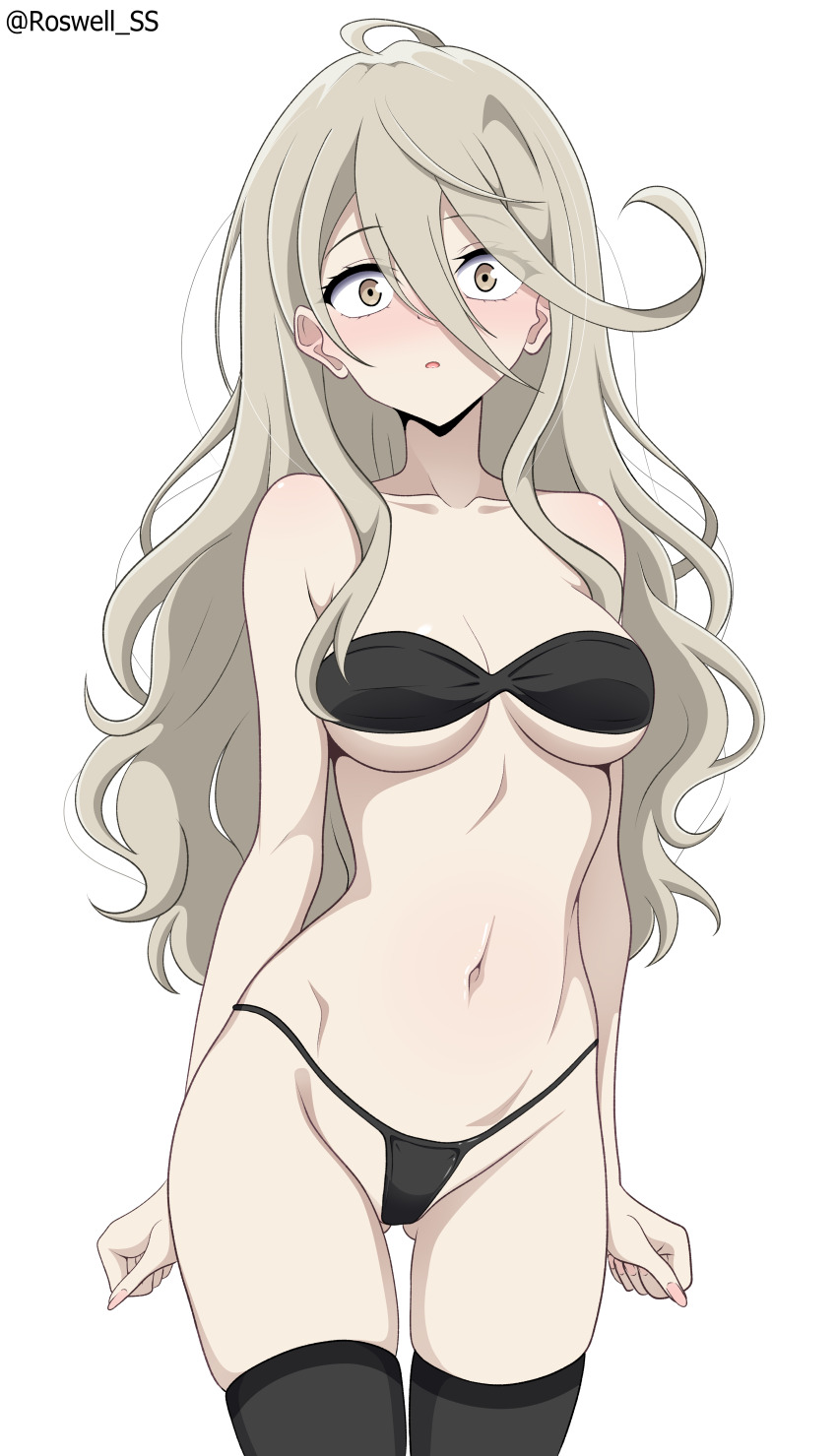 :o absurdres ahoge artist_name bare_arms bare_shoulders bikini black_bikini black_thighhighs blonde_hair blush breasts collarbone cowboy_shot groin hair_between_eyes highres large_breasts long_hair make_heroine_ga_oo_sugiru! navel orange_eyes roswell_ss shikiya_yumeko simple_background skindentation stomach swimsuit thighhighs white_background
