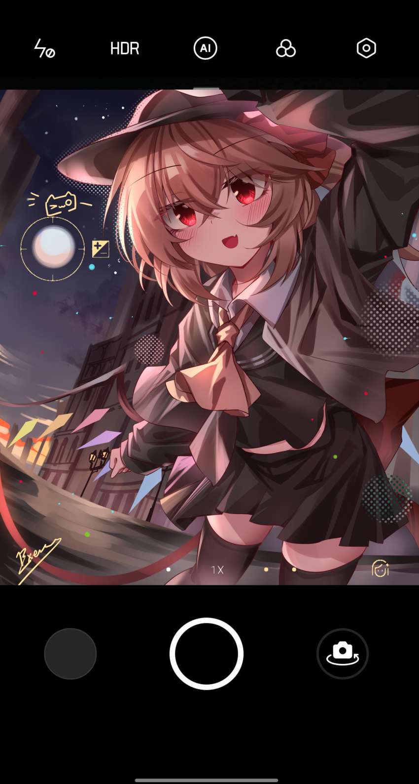 1girl :d absurdres alternate_costume ascot black_hat black_sailor_collar black_serafuku black_shirt black_skirt black_thighhighs blonde_hair bow building chinese_commentary cloud cloudy_sky collared_shirt commentary_request cropped_shirt crossed_bangs crystal_wings fake_phone_screenshot fake_screenshot fang flandre_scarlet floating_clothes full_moon hair_between_eyes hair_bow hat highres lamppost leaning_forward light_blush long_hair looking_at_viewer midriff_peek moon night night_sky one_side_up open_mouth outdoors outstretched_arm pleated_skirt red_bow red_eyes sailor_collar school_uniform selfie serafuku shirt sidelocks signature skin_fang skirt sky smile solo standing star_(sky) thighhighs top-exerou touhou trilby white_shirt yellow_ascot
