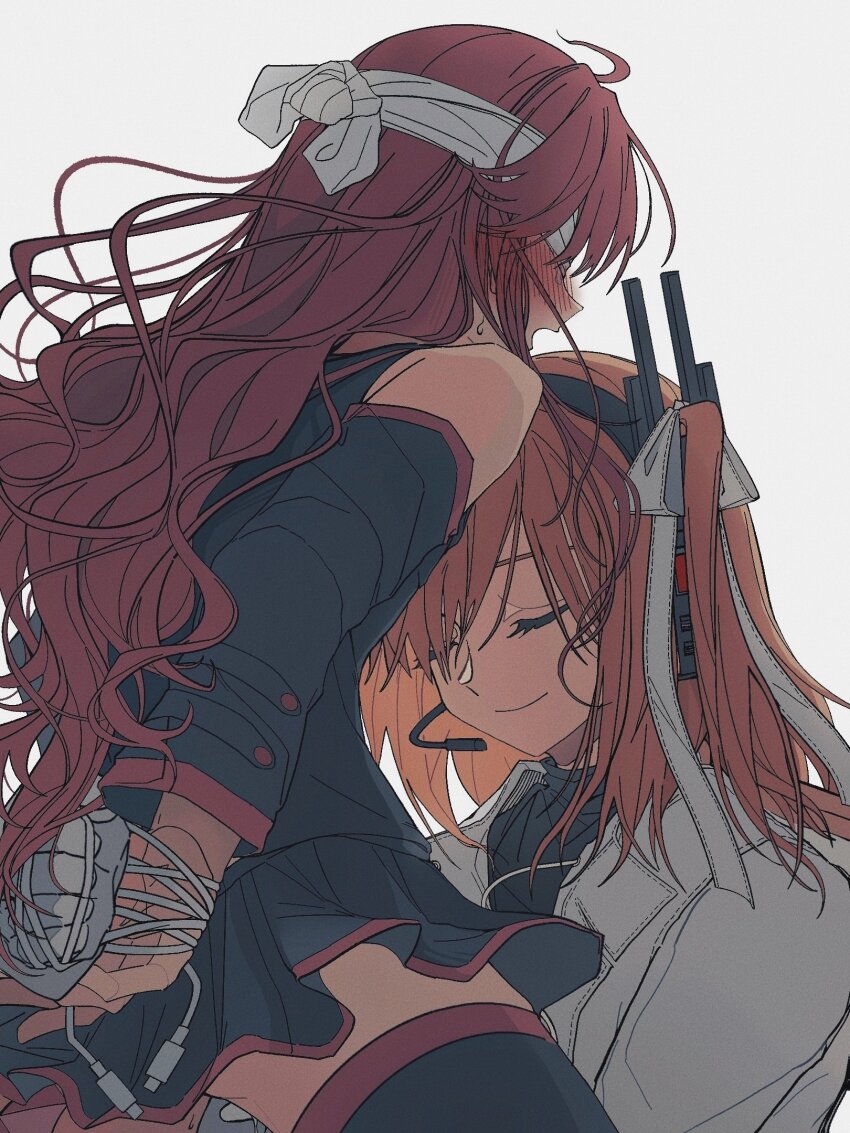 2girls a.i._voice adachi_rei ahoge alternate_hair_length alternate_hairstyle black_shirt black_sleeves black_thighhighs blush censored closed_eyes closed_mouth detached_sleeves hair_between_eyes hair_ribbon headset highres implied_fingering kasane_teto kasane_teto_(utau) kimmy6710223 long_hair medium_hair mosaic_censoring multiple_girls orange_hair pussy_juice radio_antenna red_eyes red_hair ribbon shirt simple_background smile thighhighs utau very_long_hair wavy_hair white_background white_blindfold white_ribbon yuri