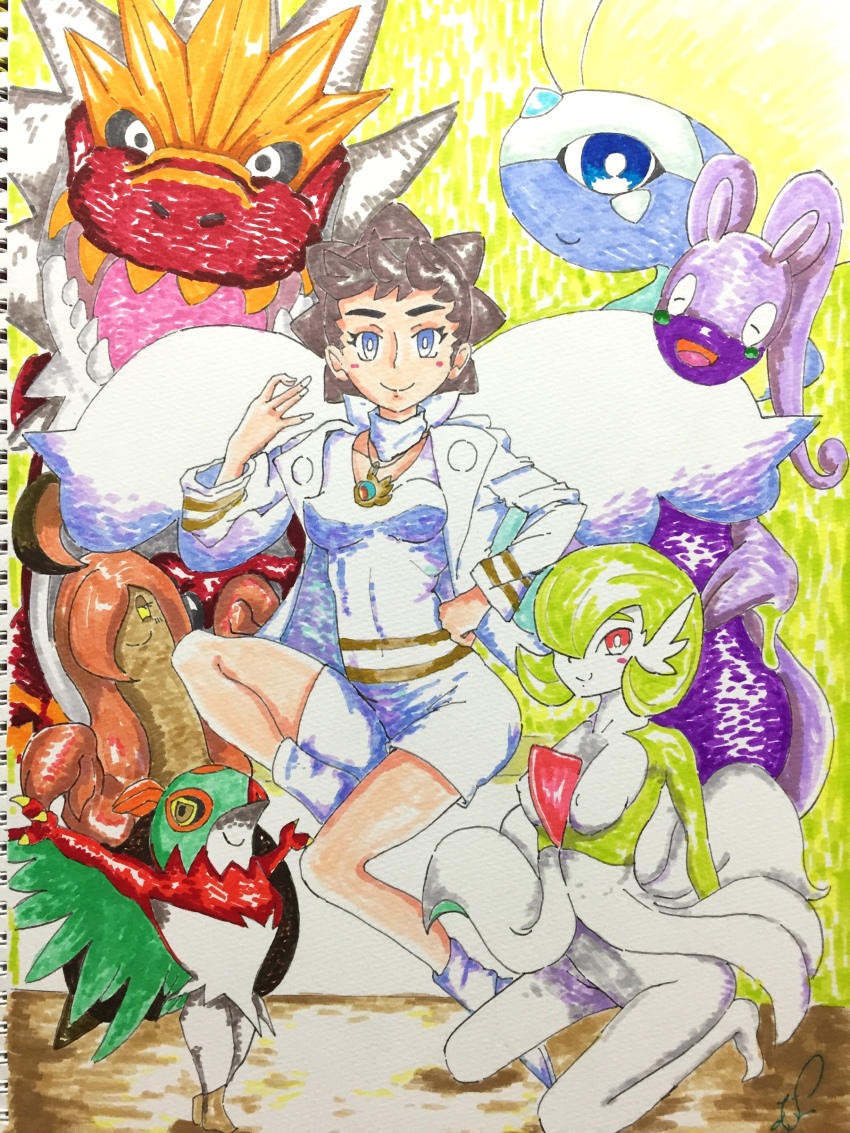 absurdres ahoge arms_up artist_name aurorus black_sclera blue_eyes blush blush_stickers breasts brown_eyes brown_hair claws closed_eyes closed_mouth collarbone colored_sclera colored_skin diantha_(pokemon) dinosaur fingernails full_body gardevoir gen_3_pokemon gen_6_pokemon goodra gourgeist gradient_background green_background green_hair green_skin hair_over_one_eye half-closed_eyes hand_on_own_hip hand_up happy hawlucha highres jacket jewelry knee_up kneeling long_hair long_sleeves looking_at_viewer mega_pokemon mega_stone multicolored_eyes multicolored_skin necklace nintendo nipples open_mouth orange_hair outstretched_arms pokemon pokemon_(creature) pokemon_xy prehensile_hair red_hair sharp_teeth shirt shoes short_hair short_jumpsuit signature simple_background sitting small_breasts smile socks standing teeth traditional_media two-tone_skin tyrantrum white_eyes white_footwear white_jacket white_legwear white_shirt white_skin yellow_eyes yuumikuchi