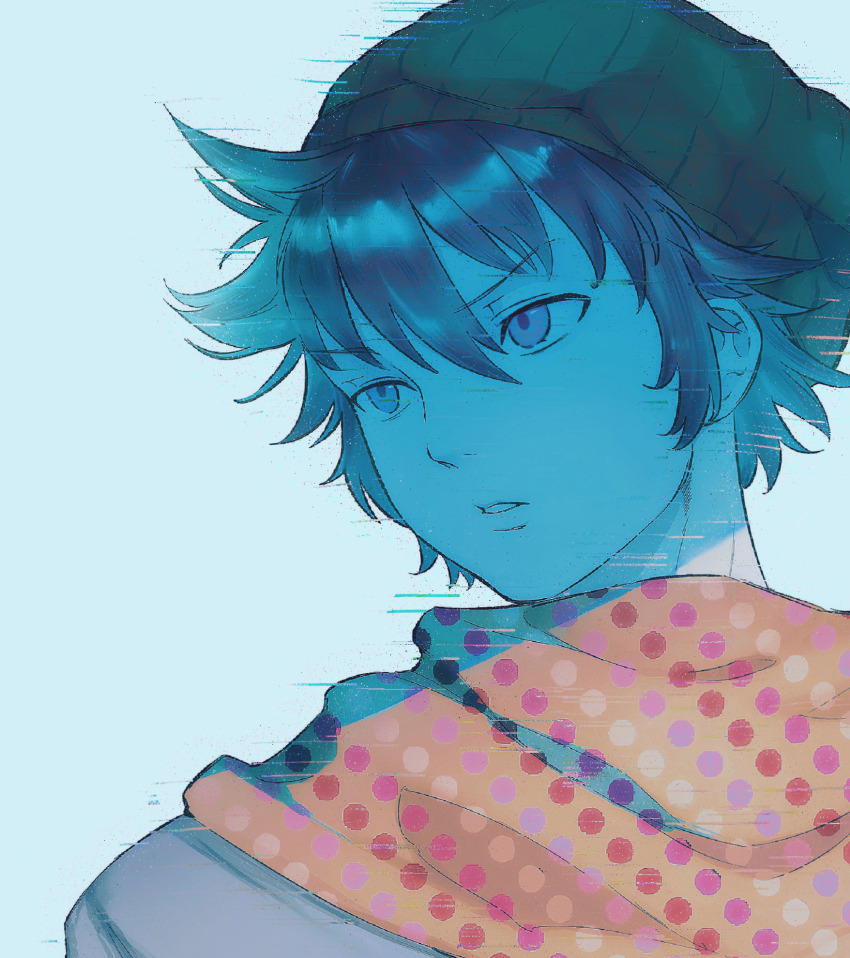 1boy black_hair blue_background brener glitch green_hat grey_eyes grey_shirt hair_between_eyes hat highres hiyori_sou kimi_ga_shine male_focus orange_scarf polka_dot polka_dot_scarf portrait ribbed_hat scarf shirt short_hair simple_background solo v-shaped_eyebrows