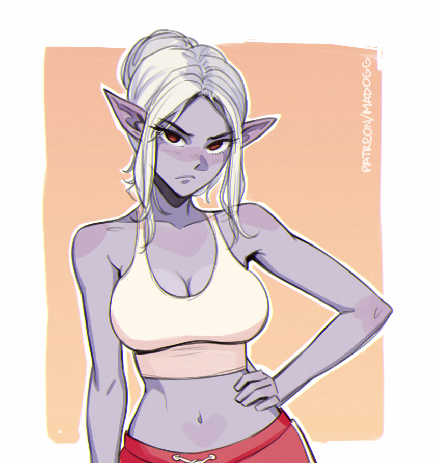 1girl artist_name baldur&#039;s_gate baldur&#039;s_gate_3 bare_arms bare_shoulders blush breasts brown_background cleavage collarbone dark_elf dungeons_&amp;_dragons dungeons_&amp;_dragons elf frown highres large_breasts madogg midriff minthara navel pants pointy_ears red_eyes red_pants shirt short_hair solo stomach white_background white_hair white_shirt
