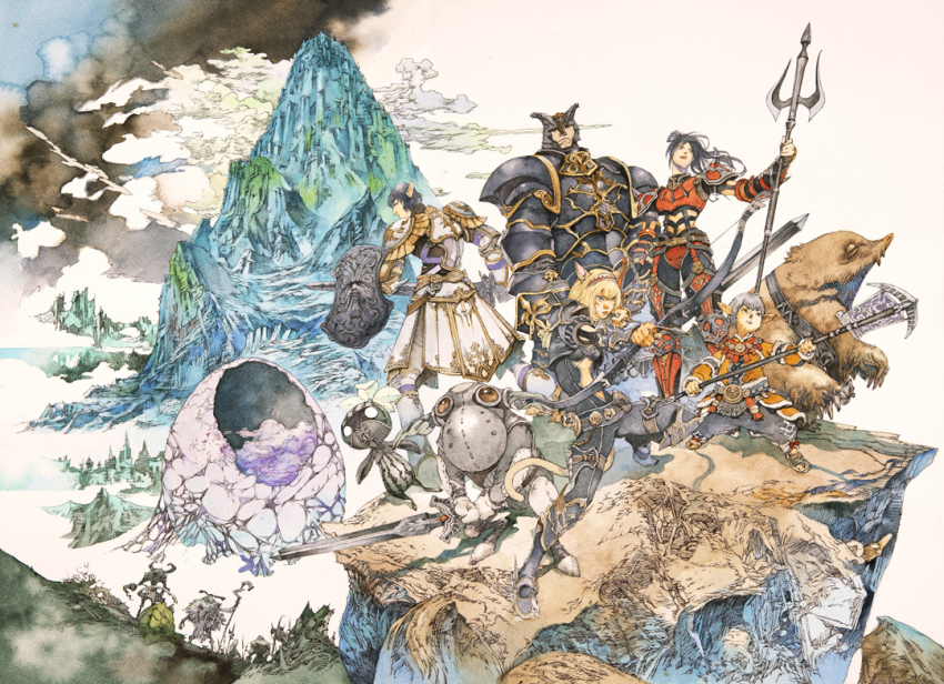 2girls 3boys adventurer_(ff11) animal_ears armor black_armor black_hair blonde_hair bow_(weapon) breastplate cat_ears cat_girl cat_tail cloud commentary drawing_bow egg elf elvaan final_fantasy final_fantasy_xi full_armor galka goblin goblin_(final_fantasy) grey_hair hairband holding holding_bow_(weapon) holding_polearm holding_shield holding_sword holding_weapon hume mandragora_(final_fantasy) meeble_(final_fantasy) mithra_(ff11) mole multiple_boys multiple_girls official_art pointy_ears polearm red_armor second-party_source shield shoulder_armor spear sword tail tarutaru weapon white_armor yamada_akihiro