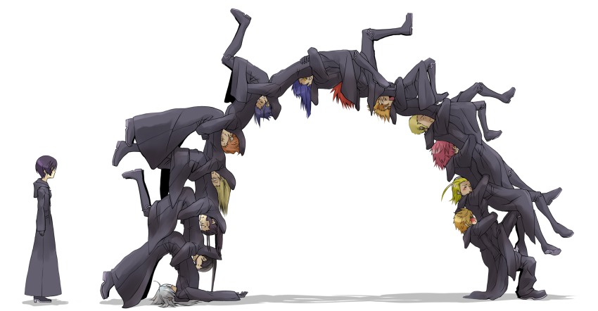 2girls 6+boys axel bad_id bad_pixiv_id banana_gyuunyuu black_coat_(kingdom_hearts) black_hair blonde_hair brown_hair demyx german_suplex highres kingdom_hearts kingdom_hearts_358/2_days kingdom_hearts_ii larxene lexaeus long_image luxord marluxia multiple_boys multiple_girls organization_xiii pink_hair red_hair robe roxas saix short_hair silver_hair suplex vexen what wide_image xaldin xemnas xigbar xion_(kingdom_hearts) zexion