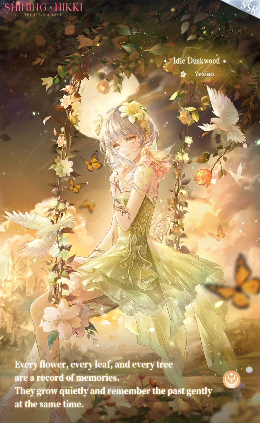1girl artist_request bird blue_flower bud bug butterfly castle character_name chest_jewel cloud coattails copyright_name dove dress english_text fairy feet_out_of_frame flower forest full_moon gem gold_necklace green_dress grey_hair hair_flower hair_ornament hand_on_own_chest highres hill insect jewelry lake lavender_(flower) light_particles light_smile lily_(flower) lips logo moon nature necklace nikki_(series) official_art on_swing orange_flower outdoors parted_lips pink_flower pink_lips pink_rose plant purple_flower purple_gemstone rose second-party_source shining_nikki short_dress short_hair_with_long_locks shoulder_tattoo single_sidelock sitting sky solo strapless strapless_dress stray_springwood_(shining_nikki) swing swinging_on_swing tattoo teeth tree twilight vines white_flower white_rose yellow_eyes yellow_flower yexiao_(shining_nikki)