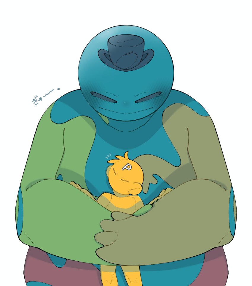 1boy 1other absurdres blush closed_mouth commentary_request doey_the_doughman_(poppy_playtime) hat highres hug mixed-language_commentary notice_lines poppy_playtime smile the_player_(poppy_playtime) top_hat translation_request white_background wlebfuhib9amjpy