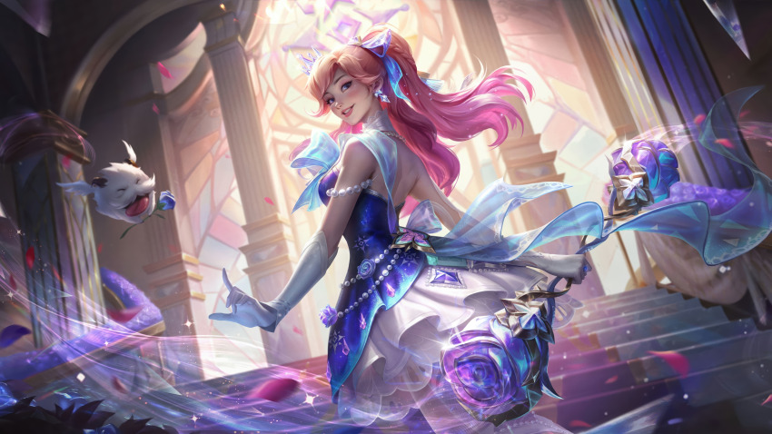 1girl absurdres backless_dress backless_outfit blue_dress crystal_rose crystal_rose_lux dress gloves highres league_of_legends lux_(league_of_legends) official_art pink_hair ponytail poro_(league_of_legends) skirt sunlight wand