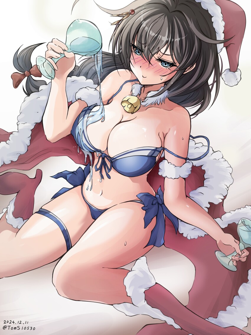 1girl absurdres bikini black_hair blue_bikini blue_eyes blush braid breasts cape cleavage commentary_request cup drinking_glass front-tie_bikini_top front-tie_top fur-trimmed_cape fur-trimmed_headwear fur_trim hair_between_eyes hair_flaps hat highres kantai_collection large_breasts long_hair nose_blush official_alternate_costume pouring red_hat santa_hat shigure_(kancolle) shigure_kai_san_(kancolle) shigure_kai_san_(swimsuit)_(kancolle) side-tie_bikini_bottom single_braid sitting solo swimsuit toms wariza wine_glass