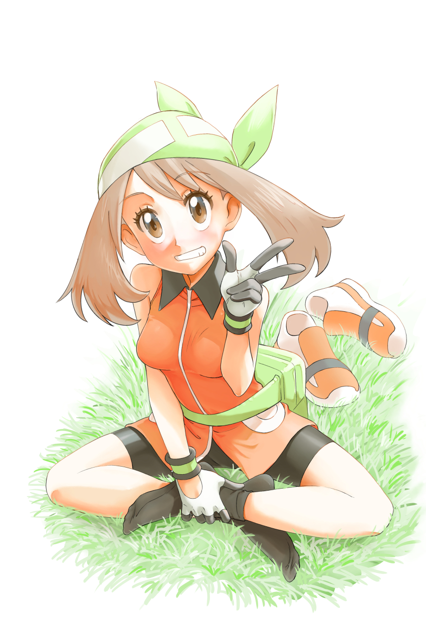 1girl absurdres bandana bike_shorts black_socks breasts brown_eyes brown_hair collared_shirt commentary creatures_(company) eyelashes fanny_pack full_body game_freak gloves grass green_bag green_bandana grin hand_up highres indian_style looking_up may_(pokemon) medium_hair nintendo orange_shirt orange_shoes pokemon pokemon_emerald pokemon_rse shirt shoes sitting sleeveless sleeveless_shirt smile socks solo teeth u4_99384295 unworn_shoes w