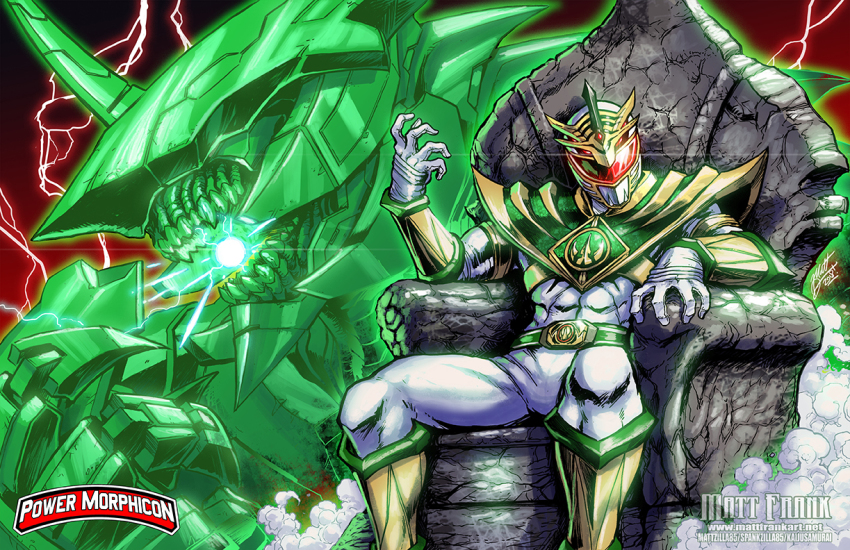 1boy abs alternate_costume alternate_universe armor backlighting black_dragon corruption energy glowing gold_armor gold_trim kaiju lord_drakkon male_focus matt_frank mecha power_rangers power_rangers_(boom!_studios) robot sitting solo supervillain throne tommy_oliver