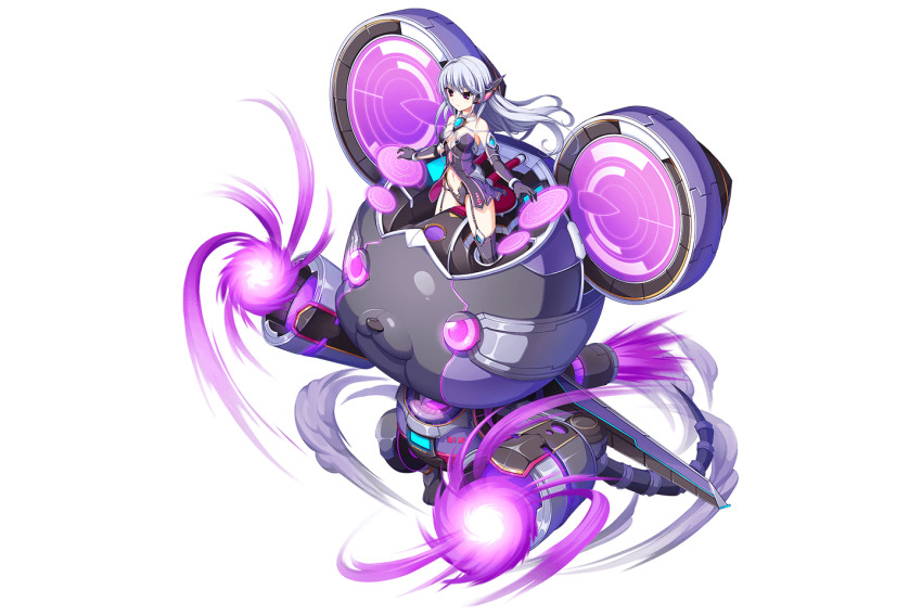 1girl artist_request bad_source bare_shoulders black_panties breasts cleavage detached_sleeves energy_cannon full_body game_cg garter_straps grisaia_(series) kamihime_project kazami_kazuki navel non-humanoid_robot official_art panties robot robot_animal serious solo standing third-party_source transparent_background underwear white_hair