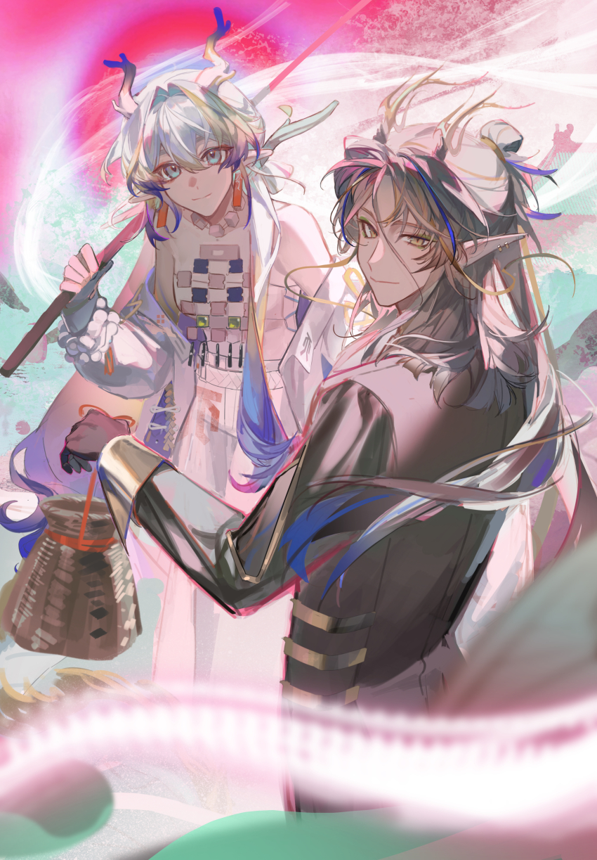 1boy 1girl absurdres antlers aqua_eyes arknights bare_shoulders beads blonde_hair blue_eyes blurry brown_hair chinese_commentary closed_mouth commentary_request dragon_girl dragon_horns earrings hair_between_eyes hair_intakes highres holding horns jewelry ji_(arknights) long_hair long_sleeves multicolored_hair necklace off_shoulder pointy_ears purple_hair shu_(arknights) smile standing strapless tongxi65938_(mo_zuoren) tube_top very_long_hair white_hair white_tube_top yellow_eyes