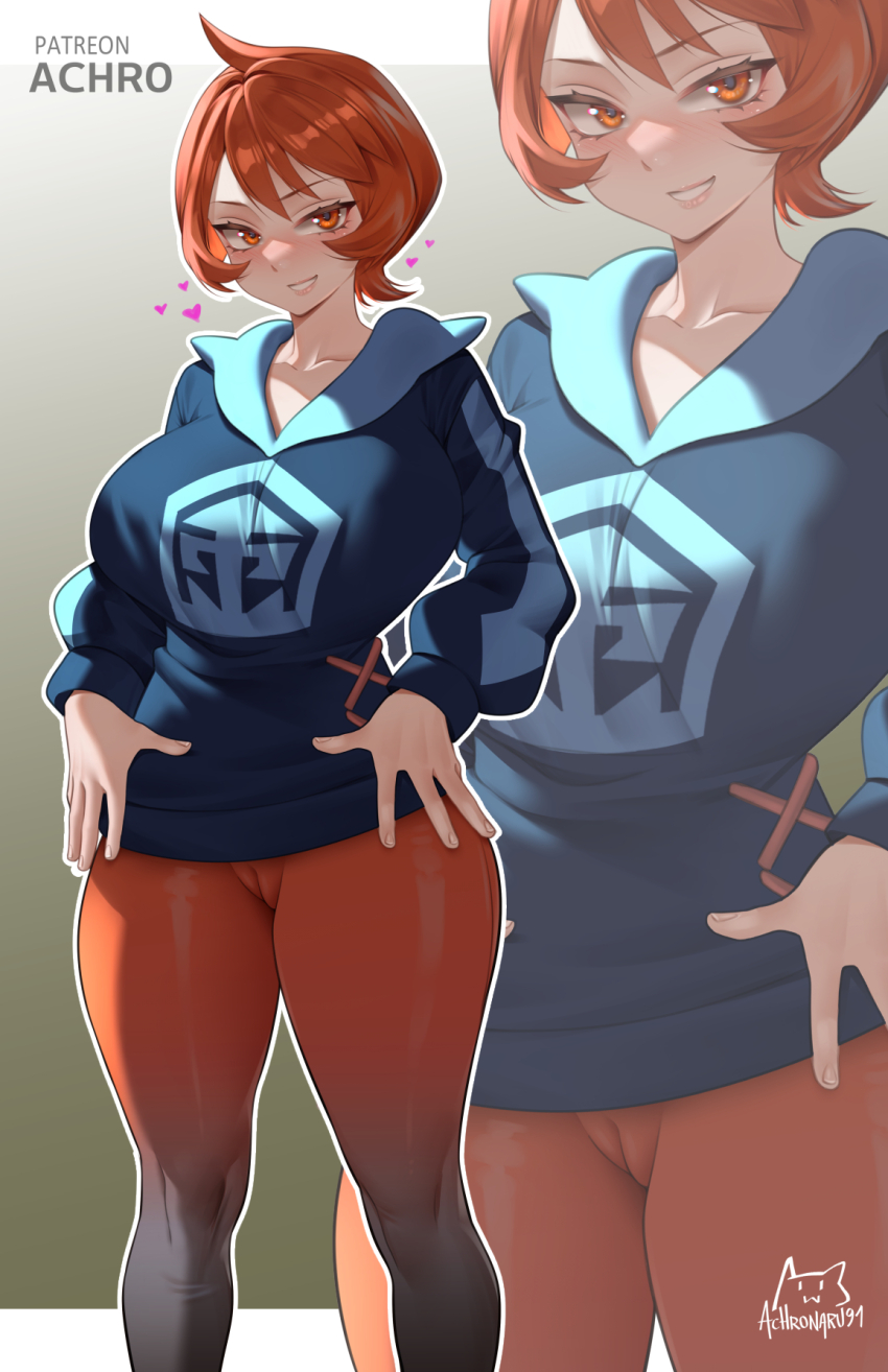 1girl achromaru arezu_(pokemon) artist_logo black_pantyhose blue_hoodie breasts cameltoe cowlick diamond_clan_outfit gradient_legwear gradient_pantyhose highres hood hoodie large_breasts logo looking_at_viewer nintendo pantyhose patreon_username pokemon pokemon_legends:_arceus red_eyes red_hair red_pantyhose short_hair smile solo two-tone_pantyhose zoom_layer
