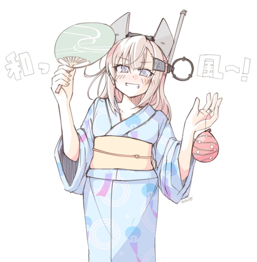 1girl alternate_costume blue_kimono grey_eyes grey_hair grin hand_fan headgear highres japanese_clothes kantai_collection kimono long_hair obi paper_fan pun sash simple_background smile solo tatahai text_background uchiwa wahoo_(kancolle) water_yoyo white_background wind_chime wind_chime_print yukata
