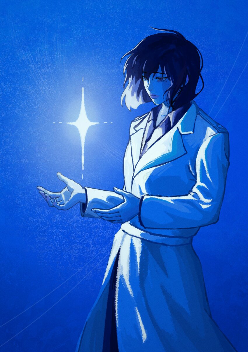 1girl absurdres black_eyes black_hair black_shirt blue_theme bob_cut coat collared_shirt cowboy_shot dokjasepilogue expressionless glowing han_sooyoung hands_up highres official_alternate_costume omniscient_reader&#039;s_viewpoint shirt short_hair solo sparkle white_coat