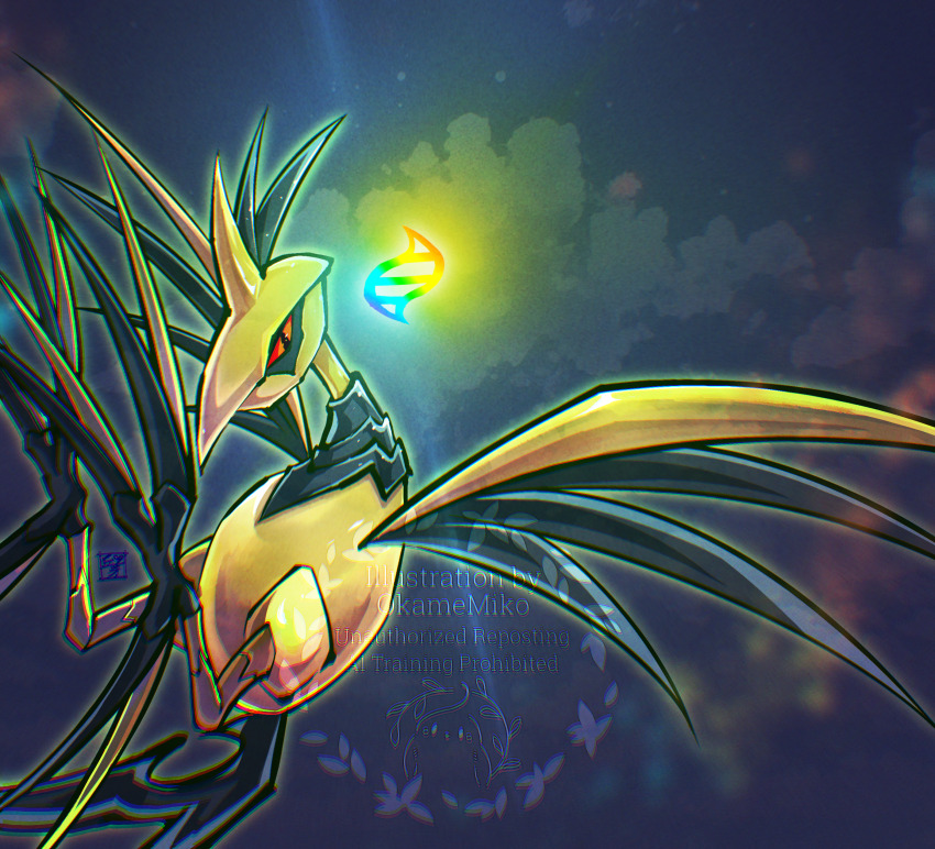 absurdres animal_focus bird closed_mouth cloud commentary_request gen_2_pokemon gold_skin highres mega_evolution_symbol mega_pokemon mega_skarmory metal_skin nintendo no_humans okame_miko pokemon pokemon_(creature) pokemon_focus skarmory slit_pupils solo talons watermark