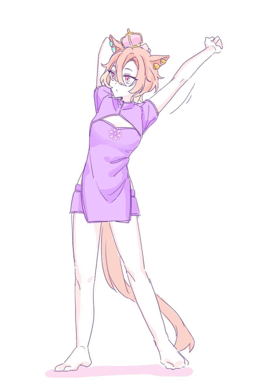 1girl absurdres animal_ears arm_behind_head arms_up bare_legs breasts brown_hair china_dress chinese_clothes cleavage_cutout closed_mouth clothing_cutout colored_shadow crown dress hair_between_eyes highres horse_ears horse_girl horse_tail looking_to_the_side mini_crown pelvic_curtain pink_eyes purple_dress purple_shorts seila_rei shadow short_shorts short_sleeves shorts simple_background small_breasts solo standing stretching t.m._opera_o_(umamusume) tail tilted_headwear umamusume white_background
