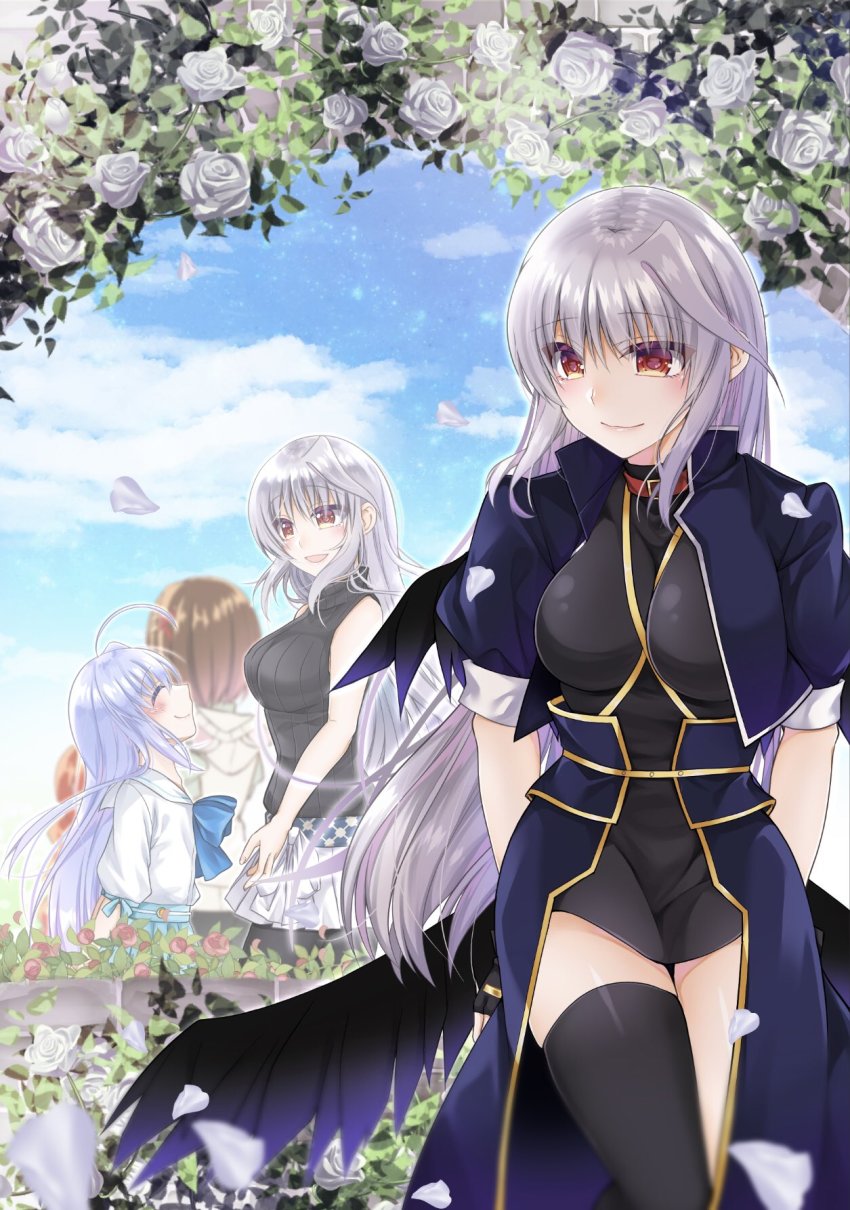 3girls ahoge ameyado_chika arms_behind_back black_dress black_shirt black_wings blue_hair blue_sky blurry blurry_background brown_hair closed_mouth cloud cloudy_sky commentary_request day depth_of_field dress facing_another feathered_wings flower grey_hair highres long_hair looking_at_another low_wings lyrical_nanoha magical_girl mahou_shoujo_lyrical_nanoha mahou_shoujo_lyrical_nanoha_a&#039;s miniskirt multiple_girls open_mouth outdoors petals pleated_skirt red_eyes reinforce reinforce_zwei rose shirt short_dress short_hair short_sleeves single_thighhigh skirt sky sleeveless sleeveless_shirt smile standing thighhighs waist_cape white_flower white_rose white_shirt white_skirt wings yagami_hayate